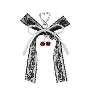 Black Lace Bow Keychain with Pearl Beads & Cherry Charm – Stylish Bag Accessory